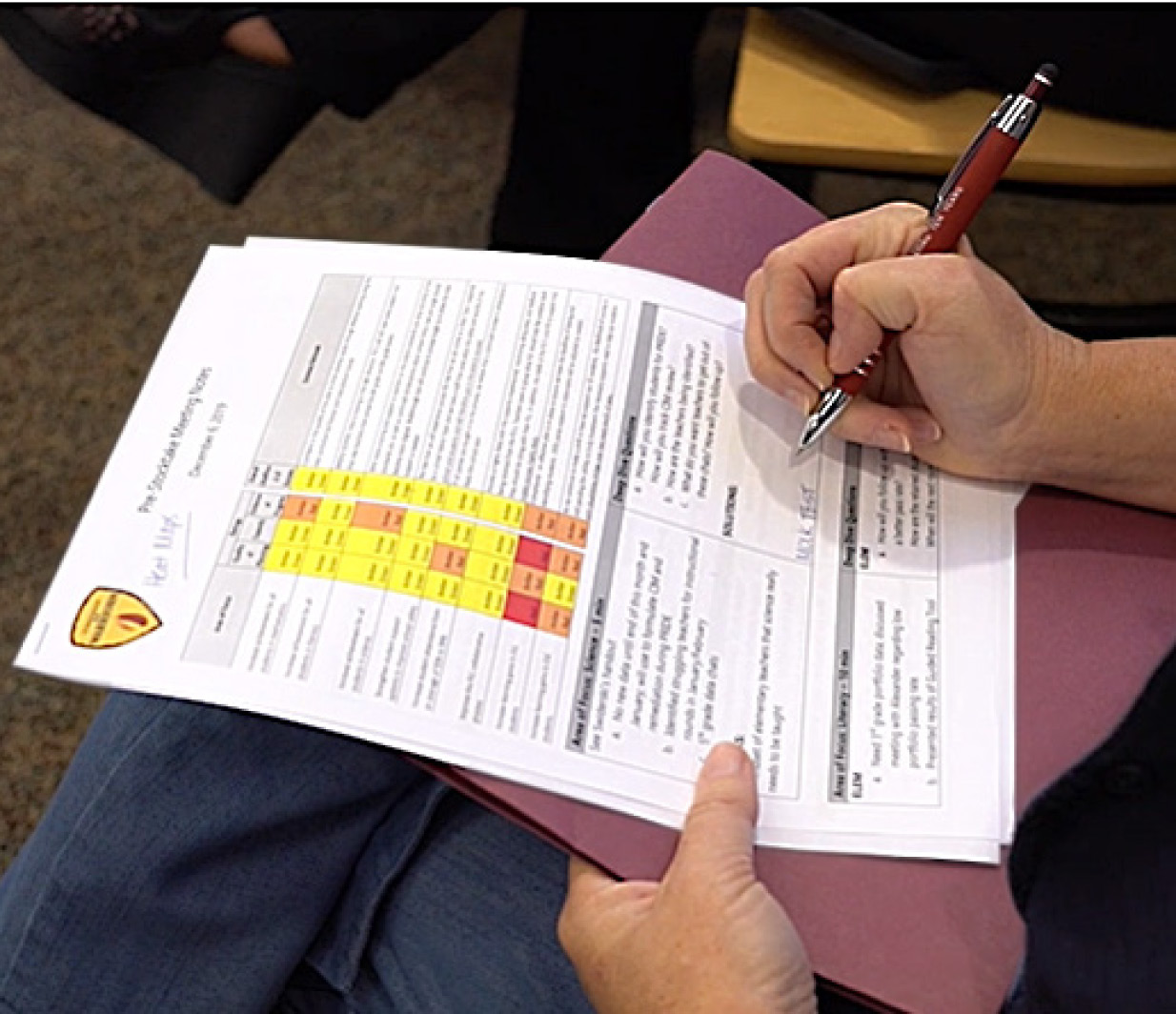 A Stocktake participant takes notes while reviewing the rating sheet, also referred to as a heat map.
